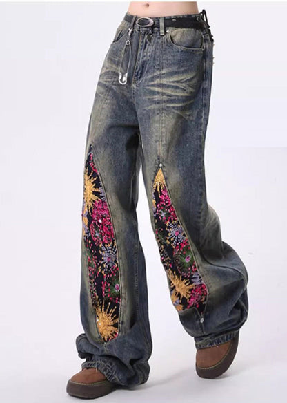 Navy Sequins Patchwork Denim Pants Spring