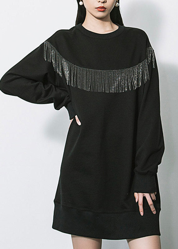 Unique Black O-neck Tassel Sequins Cotton Mid Dresses Long Sleeve