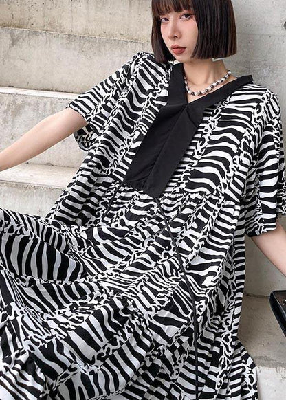 Natural Zebra Pattern V Neck Cotton Asymmetrical Design Summer Maxi Dress