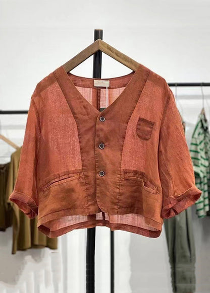Orange Button Pockets Linen Cardigan Spring