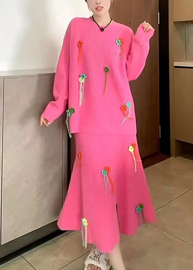 Style Rose O-neck Tasseled Knit Two Pieces Set Fall
