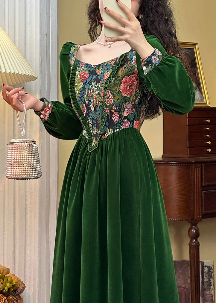 Green Jacquard Ruffled Silk Velour Long Dresses Spring