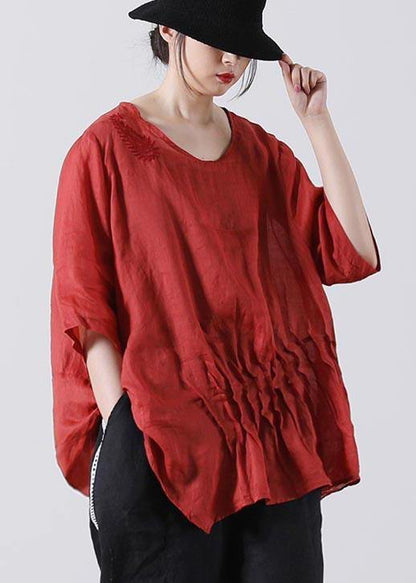 Red Cinched Cotton Linen Summer Blouse Top