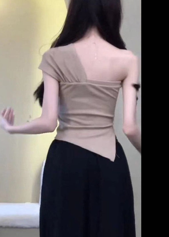 Khaki Asymmetrical One Shoulder Cotton T Shirt Sleeveless