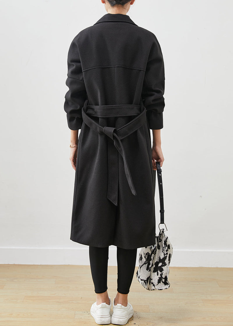 Black Peter Pan Collar Tie Waist Woolen Coats Spring