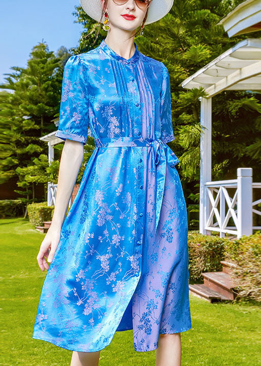 Blue Stand Collar Jacquard Tie Waist Silk Shirt Dress Short Sleeve