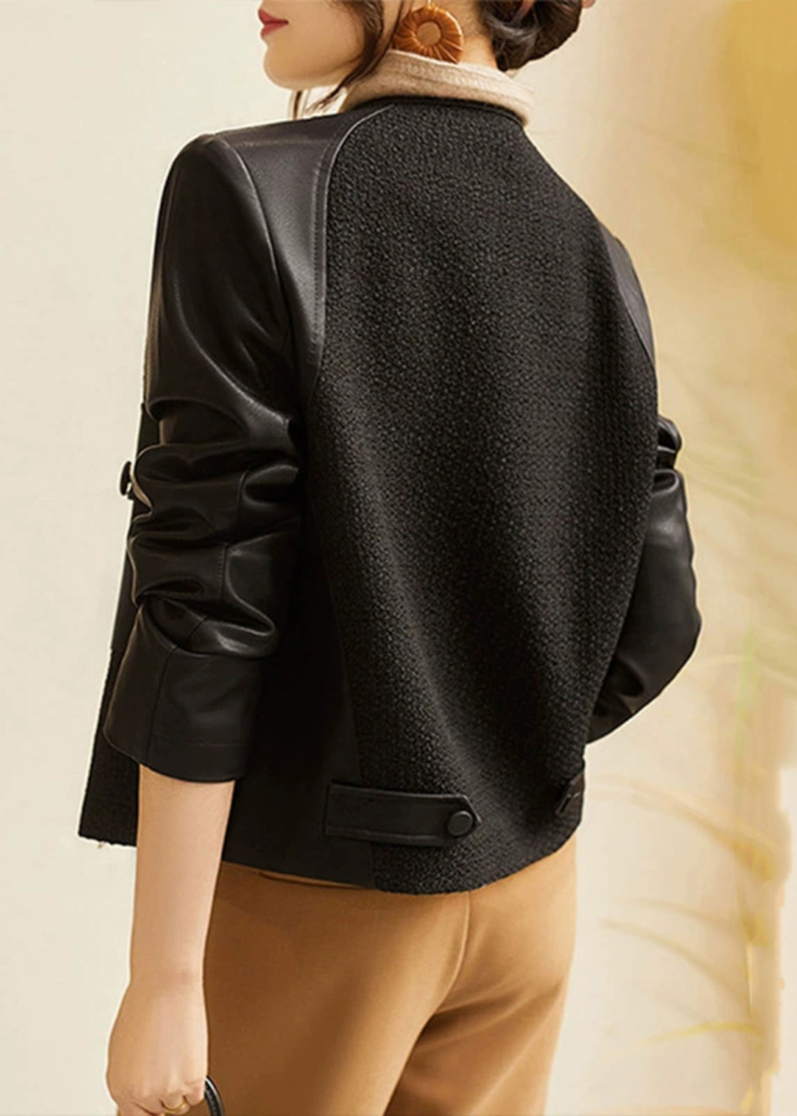White O-neck Woolen Patchwork Pockets Sheepskin Coats Long Sleeve