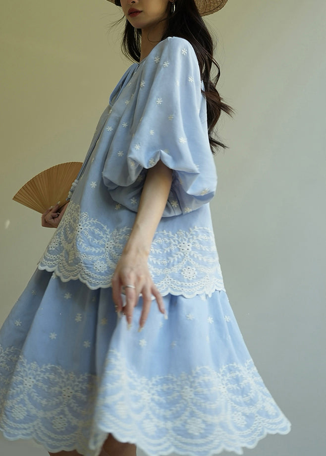 Blue Embroidered Patchwork Top and Skirts Two Pieces Set Lantern Sleeve