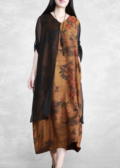 Loose V Neck Patchwork Quilting Clothes Work Outfits Yellow Print Maxi Dresses