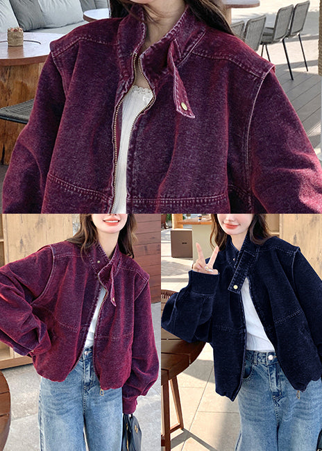 Purple Stand Collar Detachable Denim Jacket Spring