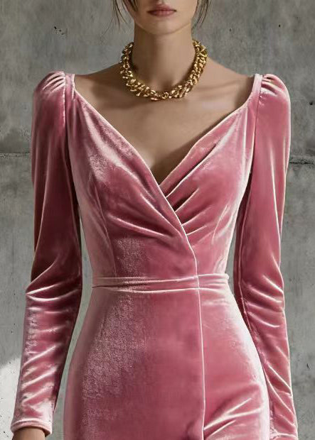 Modern Pink V Neck Patchwork Silk Velvet Holiday Dress Spring