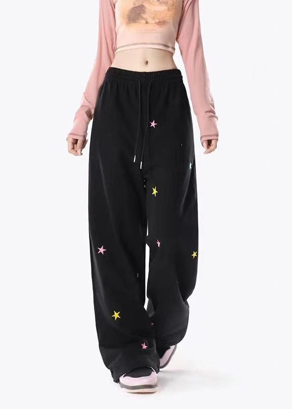 Black Pockets Tiny Spot Print Drawstring Cotton Wide Leg Pants Spring