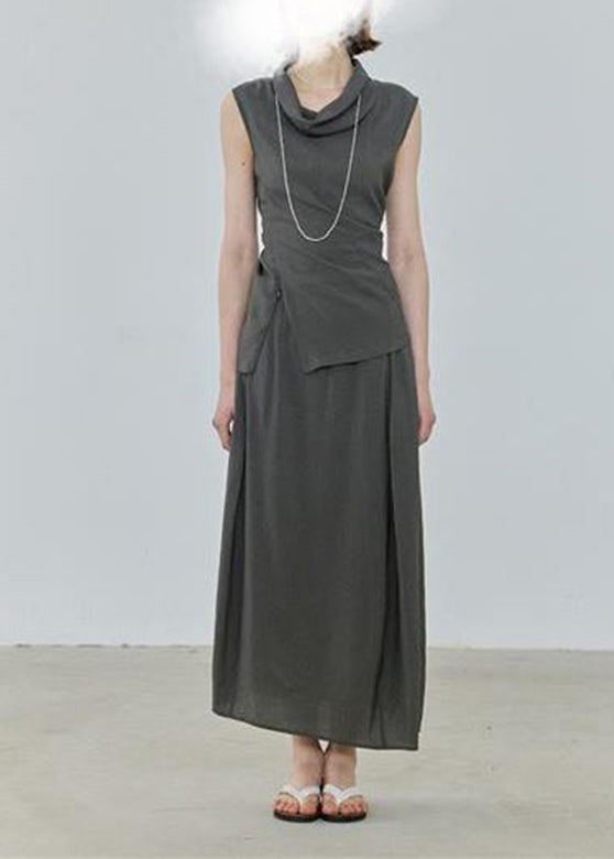 Simple Grey Asymmetrical Top and Maxi Skirts Two Pieces Set Summer