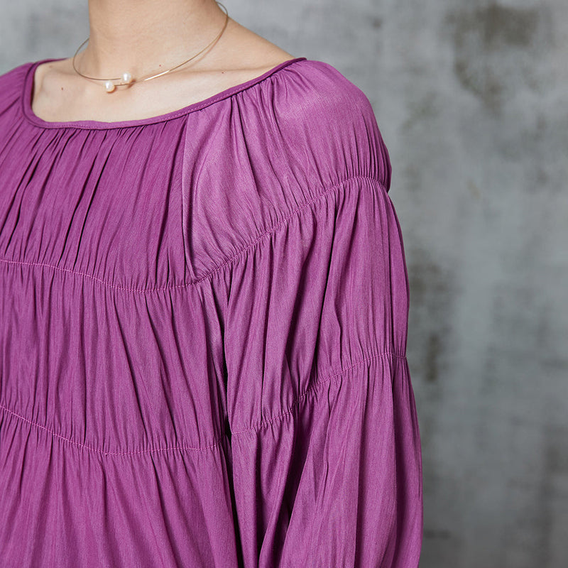 Style Purple Slash Neck Wrinkled Cotton Shirt Bracelet Sleeve