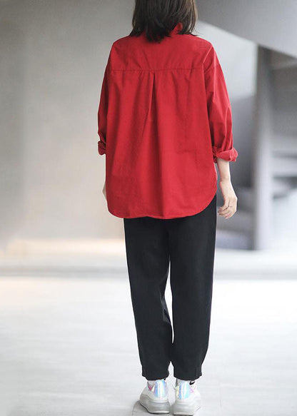 Red Peter Pan Collar Patchwork Cotton Shirts Fall