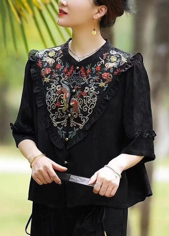Black Ruffled Embroideried Patchwork Silk Tops Half Sleeve
