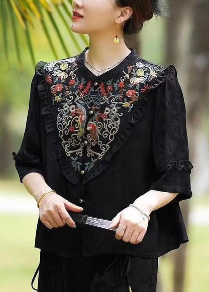 Black Ruffled Embroideried Patchwork Silk Tops Half Sleeve