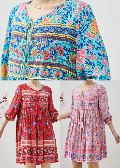 Red Tasseled Print Cotton Mini Dresses Fall