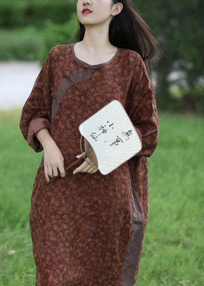 Italian Brown O-neck Oversized Patchwork Print Linen Vacation Dresses Spring