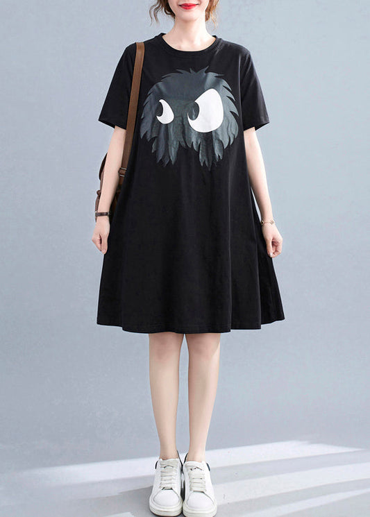 Slim Fit Black O-neck Appliques A-line Dresses Short Sleeve