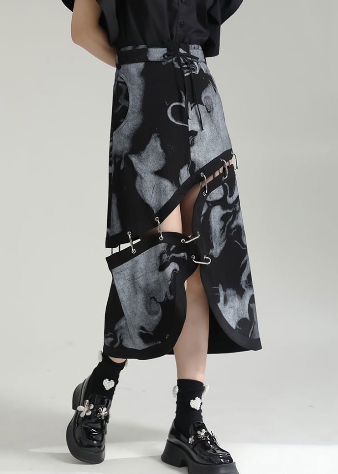 Grey Asymmetrical Print Pockets Patchwork Cotton Skirt Fall