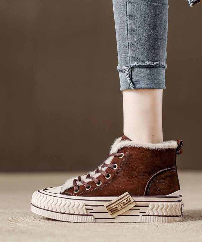 Splicing Platform Flats Red Cowhide Leather Fuzzy Wool Lined