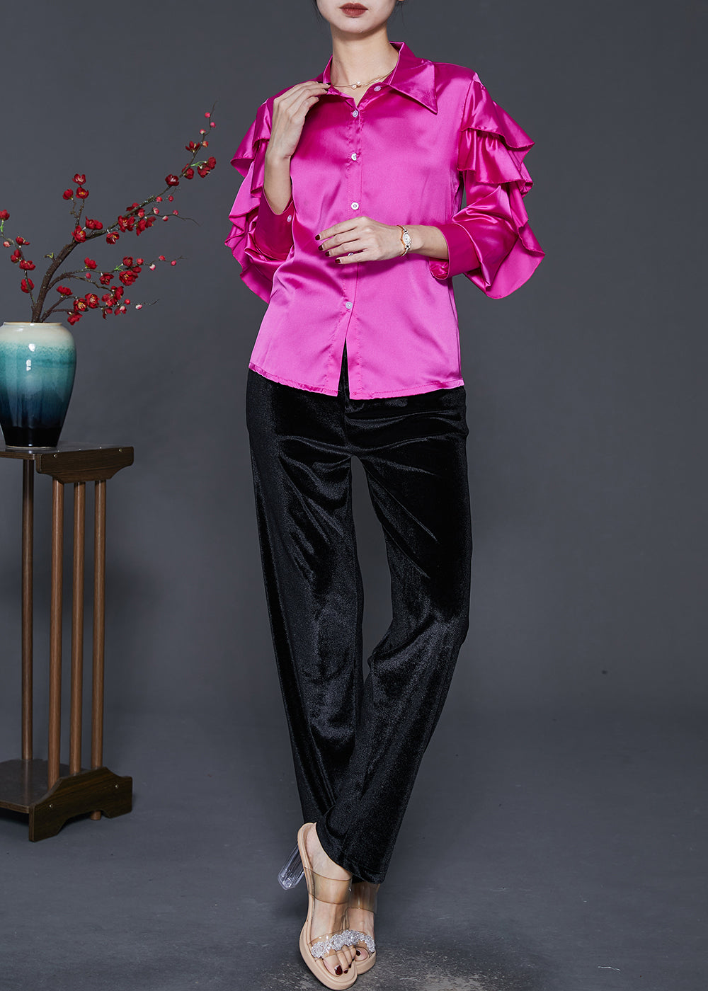 Rose Silm Fit Silk Two Pieces Set Butterfly Sleeve