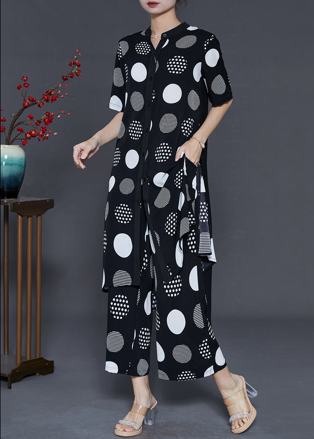 Black Print Draping Chiffon Two Pieces Set Summer