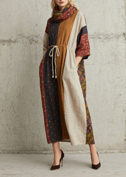 Colorblock Print Lace Up Cotton Dress Summer
