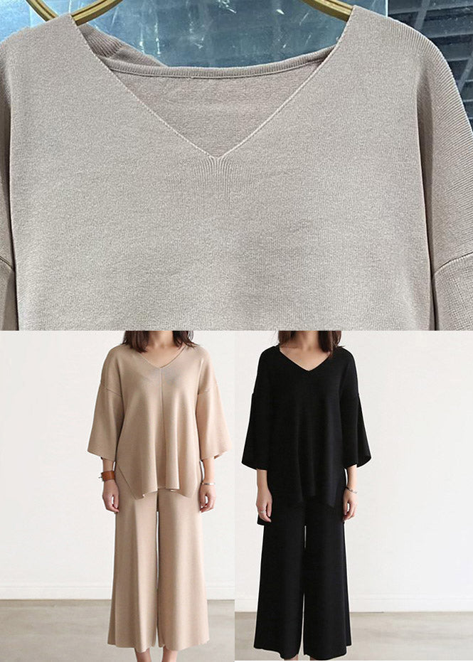 French Apricot V Neck Knit Top and Wide Leg Pants Two Pieces Set Spring