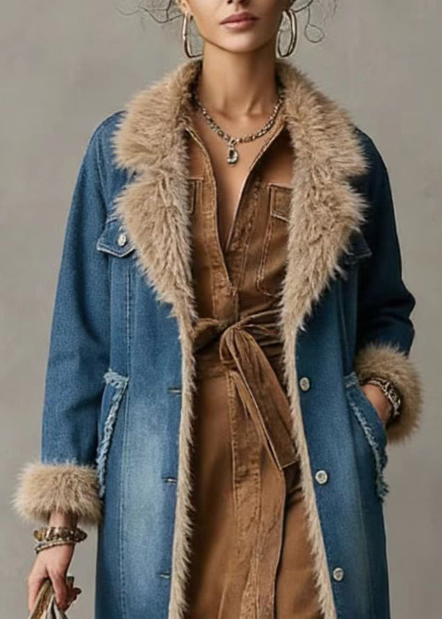 Denim Blue Notched Patchwork Faux Fur Fine Cotton Filled Trench Coats Winter