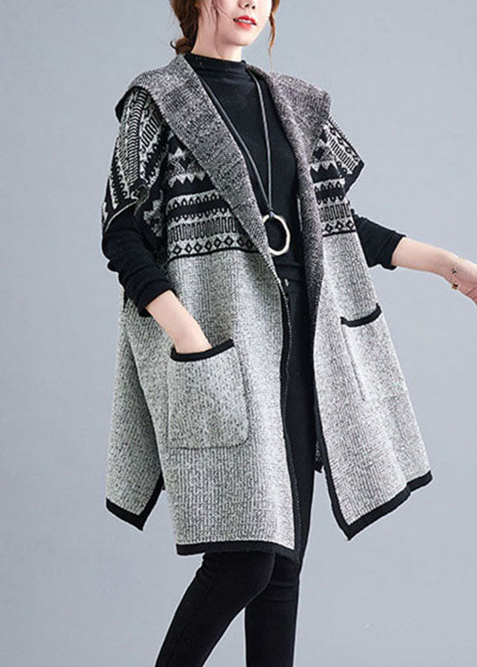 Grey Hooded Short Sleeve Pockets Loose Fall Knit Sweater Cardigans