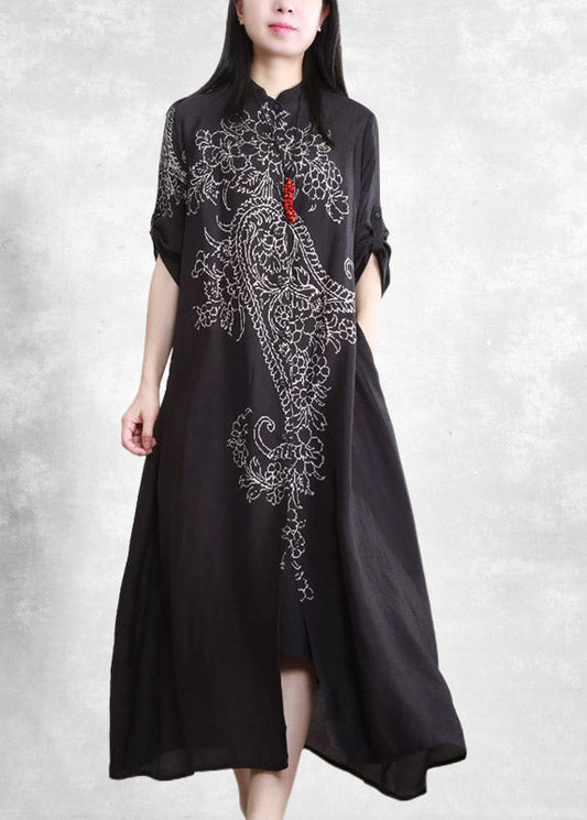 Black Stand Collar Button Print Pockets Linen Cardigans Half Sleeve