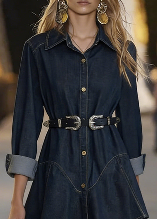 Slim Fit Navy Peter Pan Collar Sashes Denim Mid Dress