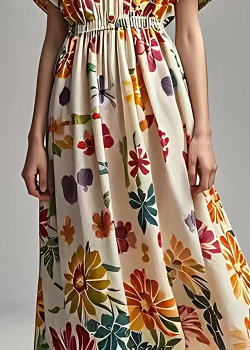 Apricot V Neck Print Cotton Maxi Dresses Summer