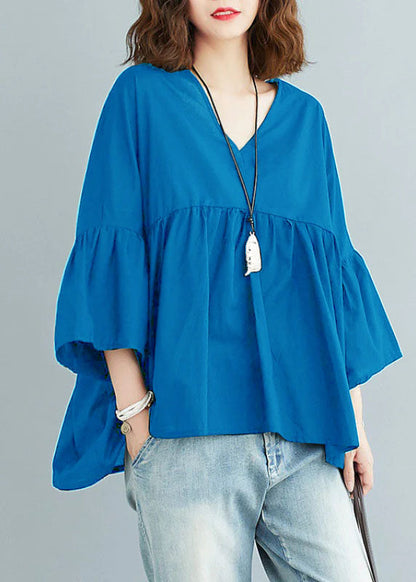 Green Feather V Neck Patchwork Asymmetrical Design Fall Top Three Quarter Sleeve