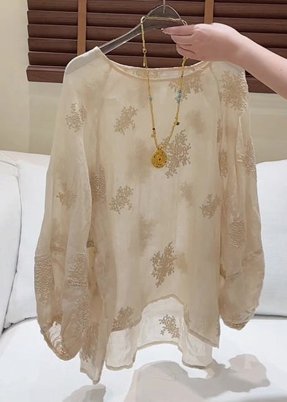 Stylish Apricot O-neck Embroidered Cotton Blouse Top Fall