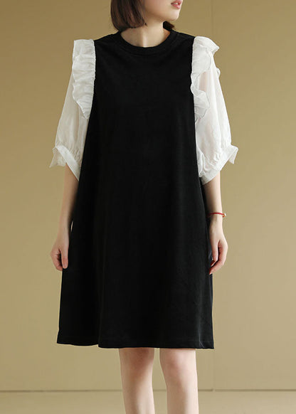 Black O-neck Patchwork Ruffles Velour a Line Dress Half Sleeve