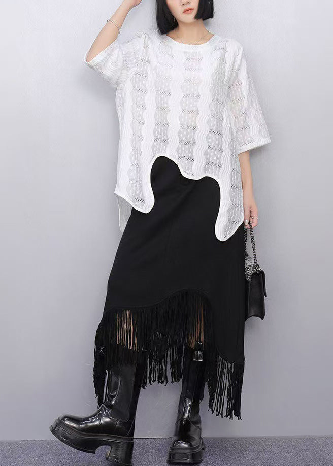 White Asymmetrical Hollow Out Cotton Tops Summer