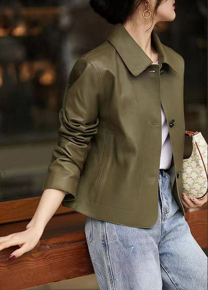 Green Peter Pan Collar Pockets Patchwork Sheepskin Coats Fall