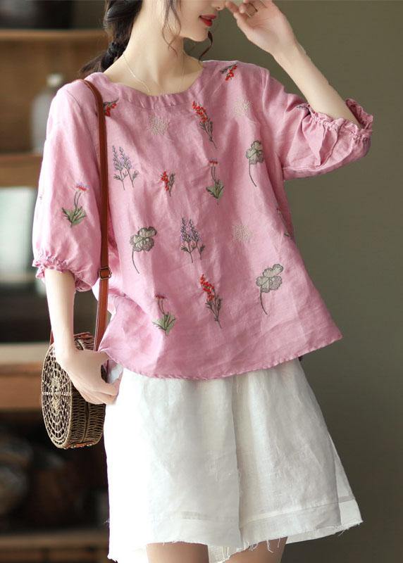 Pink O-neck Embroideried Summer Ramie Blouses Half Sleeve
