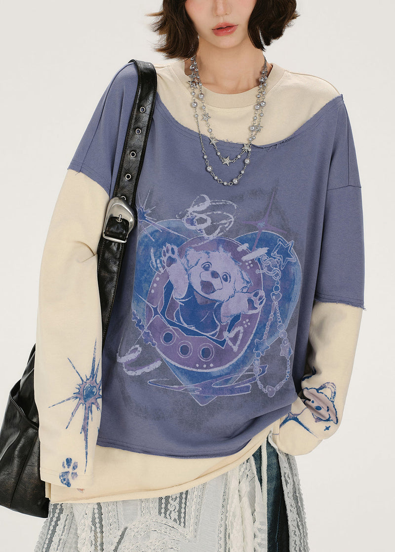 Lavender Oversized Patchwork Cotton Sweatshirt Spring
