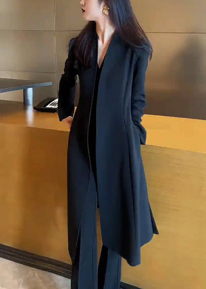 Formal Black Slim Fit Spandex Trench and Flared Trousers Two Pieces Set Spring