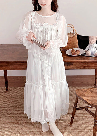 White O-neck Embroidered Tulle Vacation Long Dresses Long Sleeve