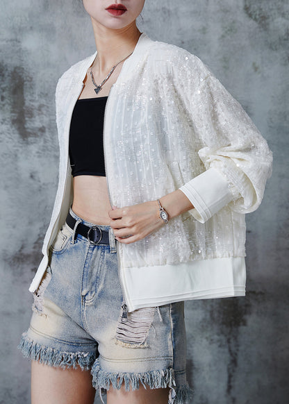 Beige Sequins Pockets Cotton Jackets Summer