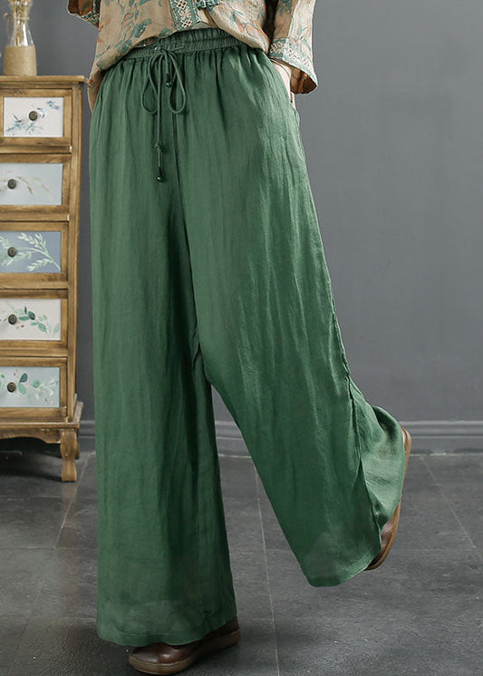 Green Pockets Elastic Waist Ramie Wide Leg Pants Summer