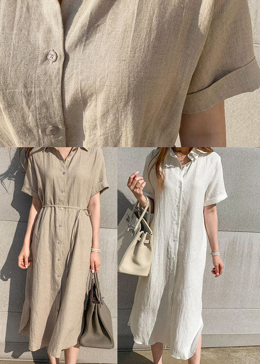 Khaki Peter Pan Collar Cinched Shirts Dress Short Sleeve