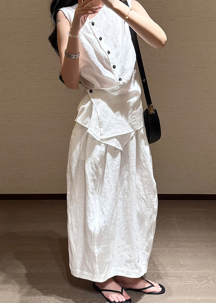 Fine White Asymmetrical Button Shirts and Skirts Cotton Two Pieces Set Sleeveless