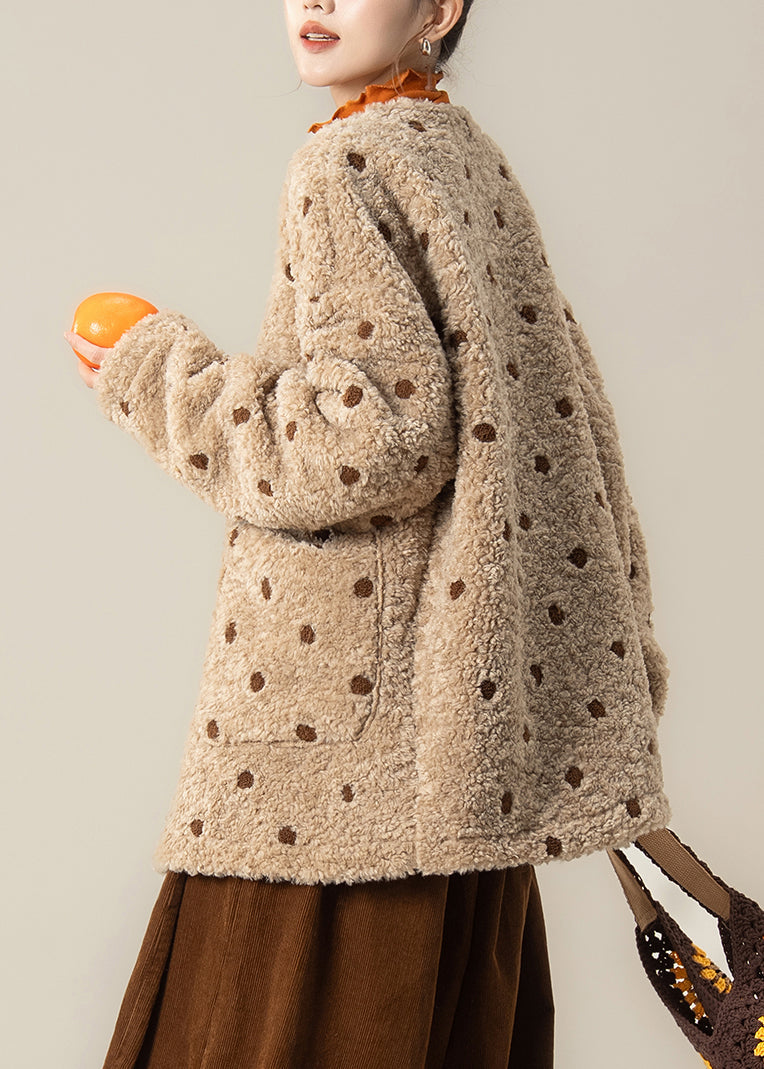 Khaki Oversized Jacquard Warm Faux Wool Jackets Winter