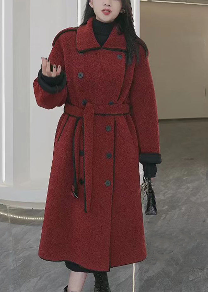 Rust Tie Waist Pockets Patchwork Thick Woolen Coats Winter